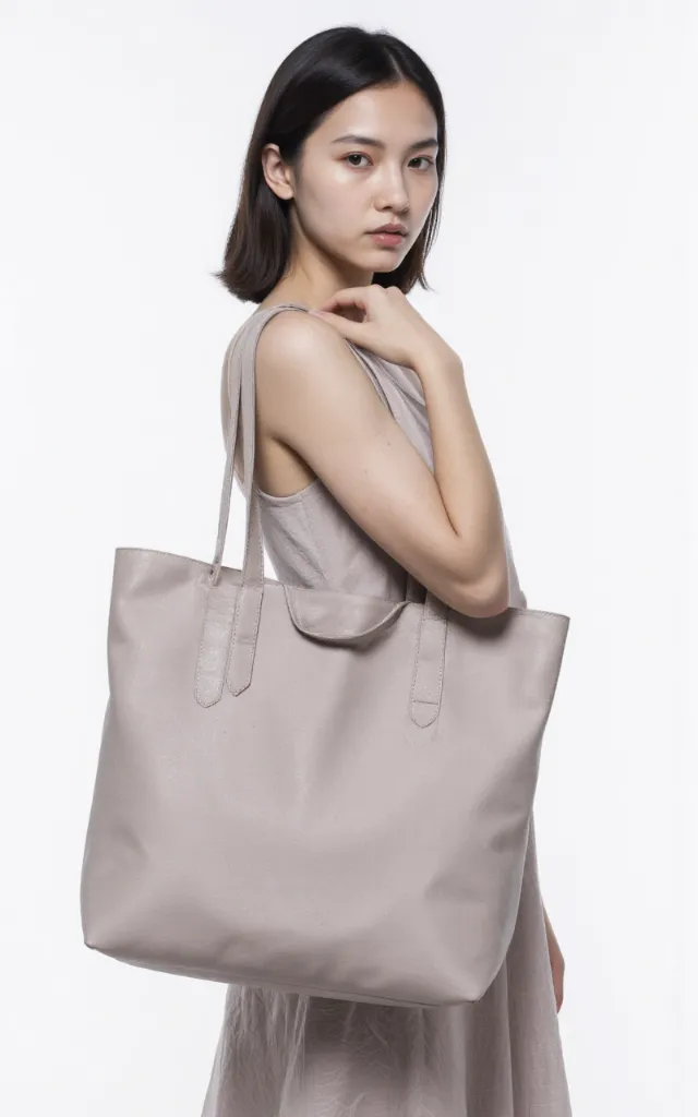 A French female model with a Tote bag, wearing a dress, against a white background, in a front   facing close   up